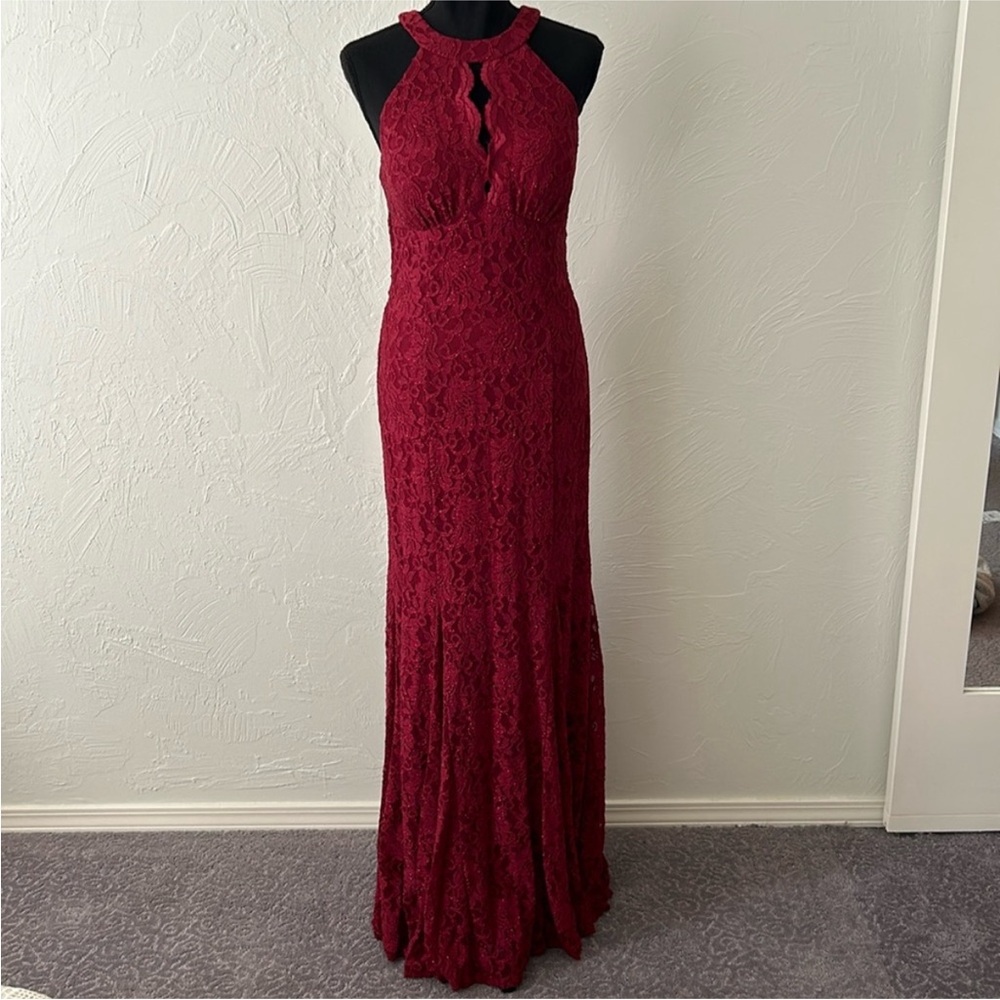 Nightway Burgundy Lace Evening Gown